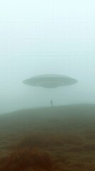 Futuristic Man Gazing at Spaceship in Foggy Field