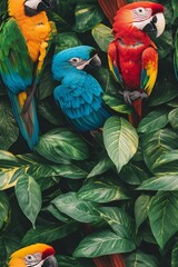 Obraz premium Colorful parrots perched on branches in lush tropical foliage.