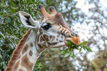 Obraz premium Giraffe Nibbling Treetop Leaves at Warm Sunset Glow