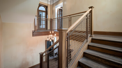 Elegant wooden staircase with a cable railing, surrounded by warm-toned walls and large windows, complemented by hanging light fixtures, creating a welcoming entryway ambiance.