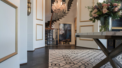 Elegant foyer featuring a spiral staircase, chandelier, and a stylish table adorned with flowers, complemented by a patterned rug and chic decor accents.