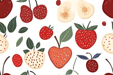 Seamless pattern with hand drawn red strawberries, cherries and apple slices. Perfect for textile, wallpaper, and more!