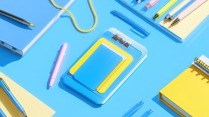 A student ID card mockup sits on a textbook with various pens and sticky notes nearby