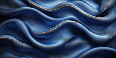 Fototapeta premium Abstract Wavy Blue Fabric with Golden Stitching