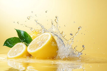 A lemon with green leaves and a water splash isolated on a light yellow background