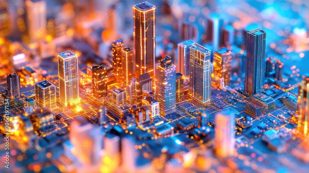 Poster A Miniature Cityscape With Interconnected Structures Illuminated by Glowing Lines