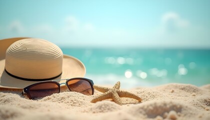 Obraz premium Straw hat, sunglasses and starfish on the beach. Summer background.