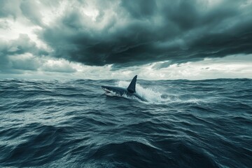 Naklejka premium Dramatic Breaching White Shark in Stormy Ocean