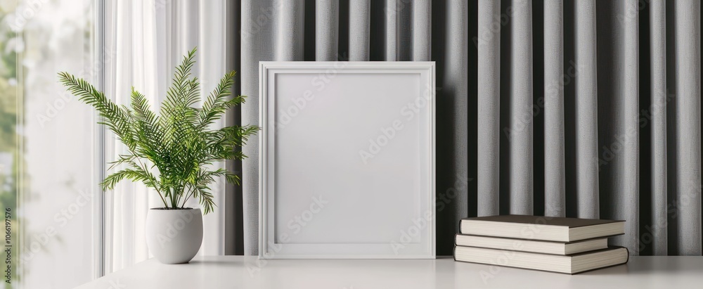 Poster white frame with books and plant on a table near a window