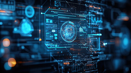 Obraz premium dynamic digital interface with glowing blue data visualizations and graphs, showcasing technology and innovation in futuristic setting