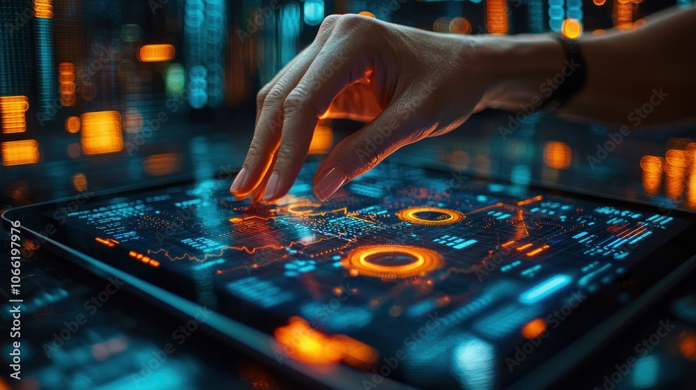 Aufkleber Hand Interacting with a Futuristic Interface on a Tablet