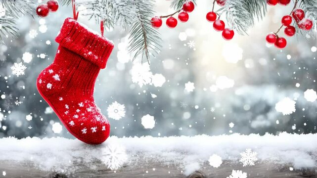 Festive red Christmas stocking with snowflake design hanging on a snowy branch, surrounded by snowflakes and holiday decorations.