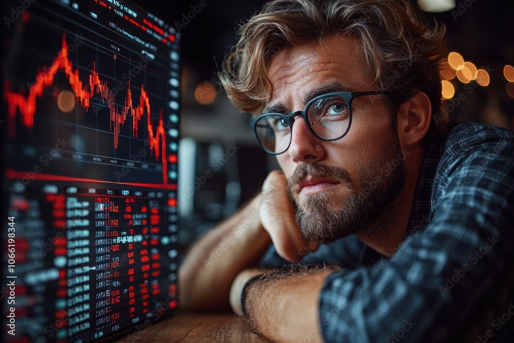 Poster Man in Glasses Looking at a Stock Market Chart on a Computer Screen
