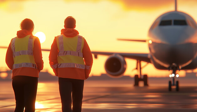 Two ground crew members in reflective jackets guiding a private jet onto the tarmac at sunset.  Generative AI.