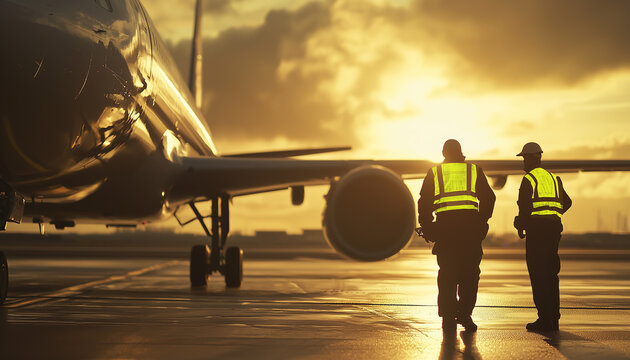 Two ground crew members in reflective jackets guiding a private jet onto the tarmac at sunset.  Generative AI.