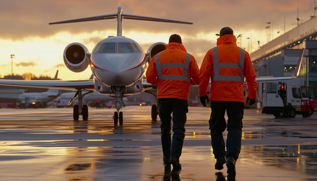 Two ground crew members in reflective jackets guiding a private jet onto the tarmac at sunset.  Generative AI.