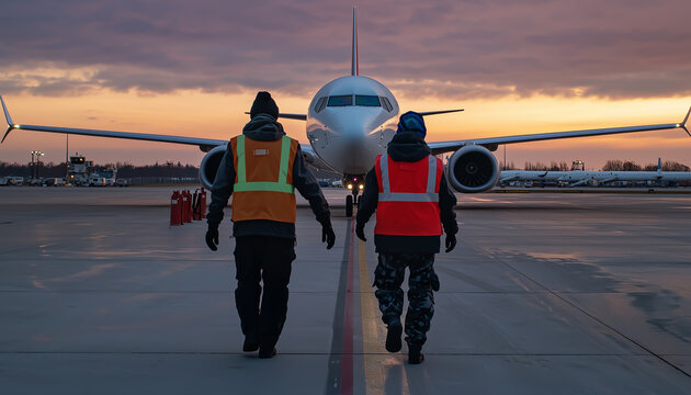 Two ground crew members in reflective jackets guiding a private jet onto the tarmac at sunset.  Generative AI.