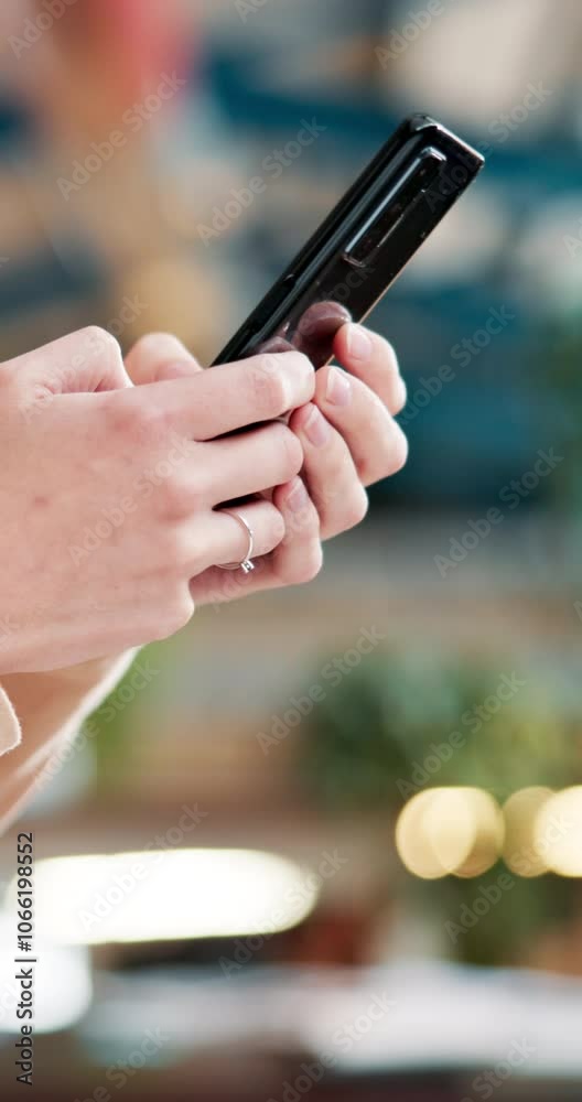 Aufkleber closeup, person and hands with smartphone for typing, text message and communication with contact. c