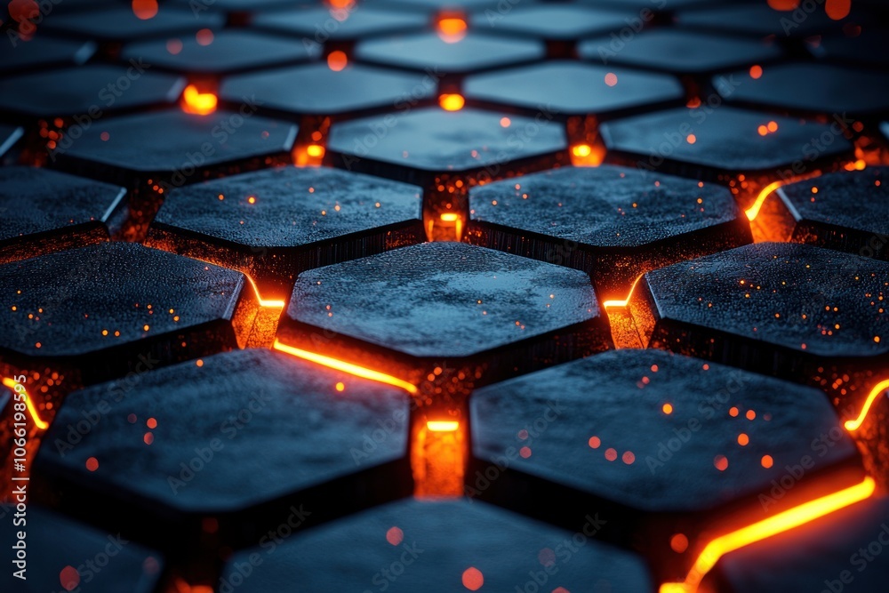 Poster Abstract Hexagonal Pattern with Glowing Orange Lines