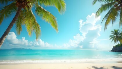 Fototapeta premium Tropical beach with palm trees, summer sun and blue sky. 