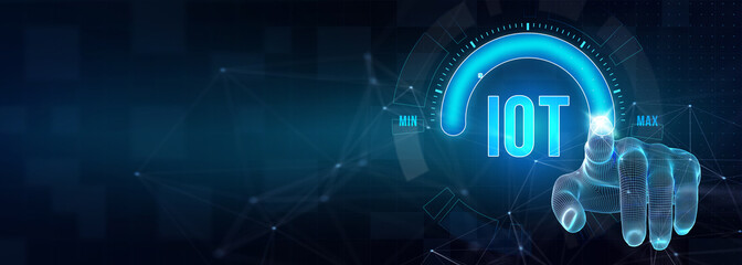 Obraz premium Internet of things - IOT concept. Businessman offer IOT products and solutions. The future of technology. Virtual screen of the future with the inscription: IOT. 3d illustration