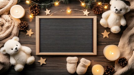 Baby announcement with blank letter board surrounded by cozy holiday decor including candles, pine cones, teddy bears, and baby socks on wooden background