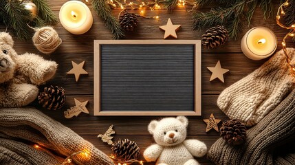 Winter letter board surrounded by cozy decor with teddy bear, candles, pine branches, and wooden...