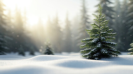 tranquil snowy forest scene featuring tall evergreen trees blanketed in snow, illuminated by soft sunlight. serene atmosphere evokes sense of peace and calm