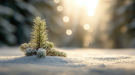 tranquil snowy forest scene featuring small evergreen tree surrounded by snow, illuminated by soft sunlight. atmosphere is peaceful and serene
