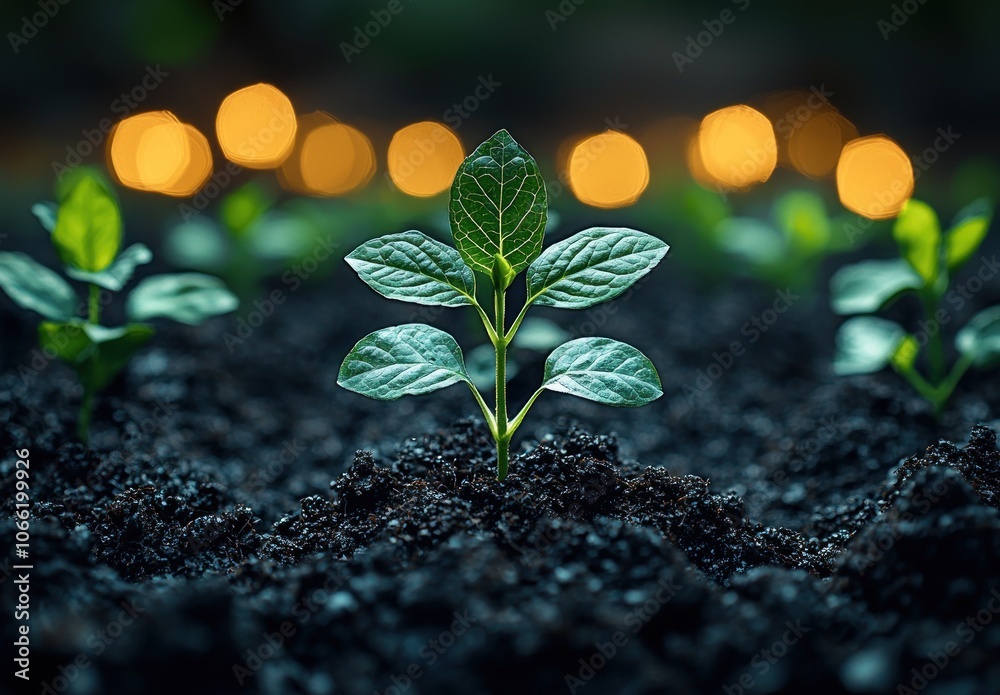 Poster a single green sprout emerging from dark soil with blurred golden lights in the background