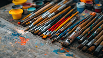 Fototapeta premium Aesthetic display of various paintbrushes and colorful paint pots on wooden surface, showcasing creativity and artistic tools