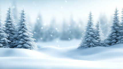 Obraz premium Blurry snowy landscape with tall evergreen trees, creating serene winter atmosphere. soft snow blankets ground, enhancing peaceful scene
