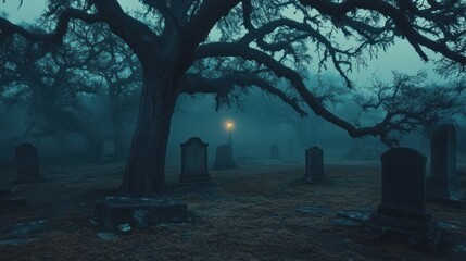 A Solitary Lamp Post Illuminates a Fog-Shrouded Cemetery