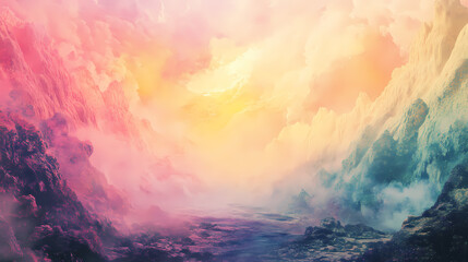 Pastel colored magical landscape ideal for backgounds with lots of copy space, generative ai. Dreamscape. Illustration