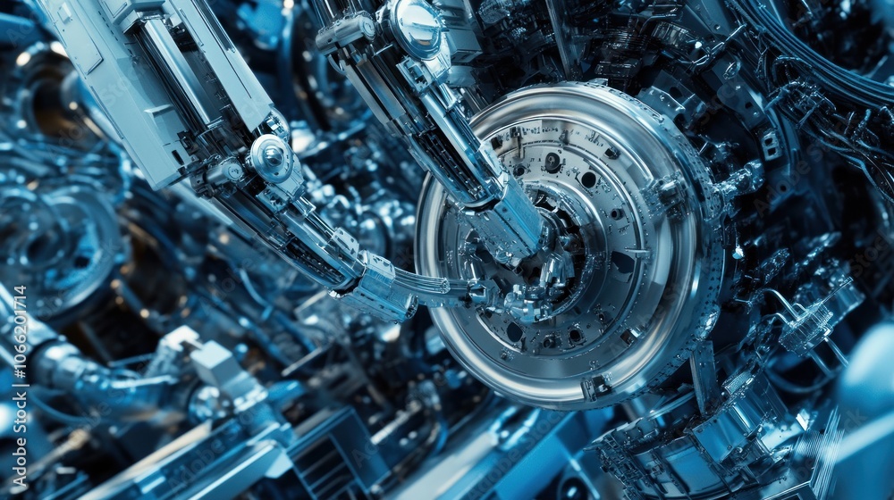 Poster Close-up of a Robotic Arm Interacting with a Circular Object in a Factory Setting