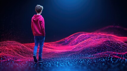 Fototapeta premium A person in a red hoodie stands in a futuristic digital landscape.