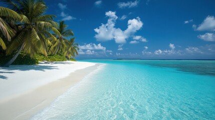 Fototapeta premium Pristine white sand beach with palm trees and turquoise water