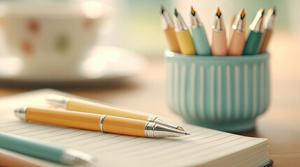 Obraz premium Elegant display of pastel colored writing instruments, including pens and notebook, set against soft background. scene evokes creativity and inspiration