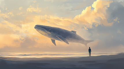 Solitary figure on beach with a surreal encounter of a giant whale in the sky, concept for fantasy, dreamscape and artistic wallpaper. Dreamscape. Illustration