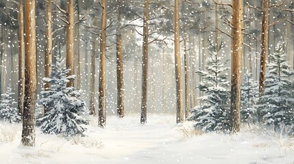 Dense snowfall over a quiet forest with tall evergreen trees; soft white snowflakes filling the air as they gently cover branches and the forest floor, creating a tranquil winter scene 