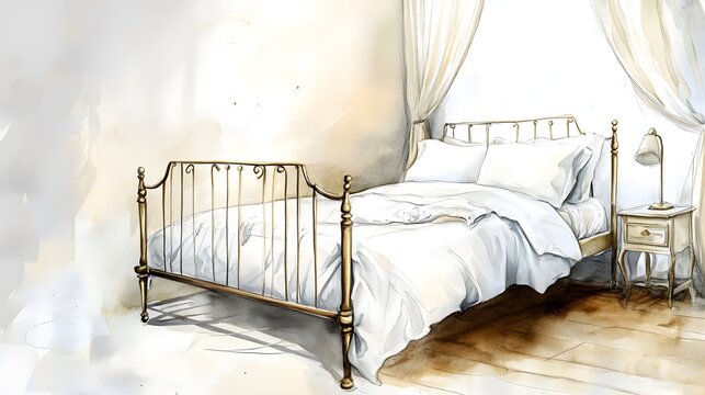 Watercolor Artistic using soft, brushy watercolor strokes, Single object picture - a wrought iron bed frame with soft white linens