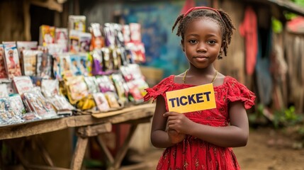 A young girl shows her raffle ticket with excitement amid a colorful prize display