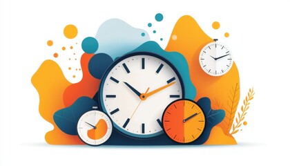Colorful clocks with abstract shapes and bright colors, time concept design.