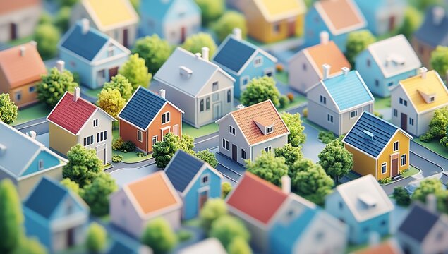 A miniature model of a suburban neighborhood with colorful houses and green trees.