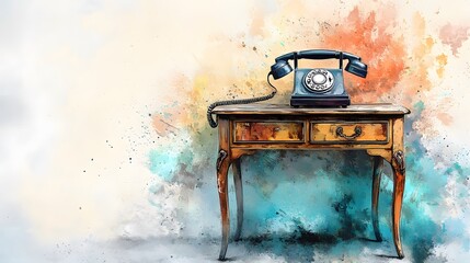 Watercolor Artistic using soft, brushy watercolor strokes, Single object picture - a small table with an antique telephone placed on top