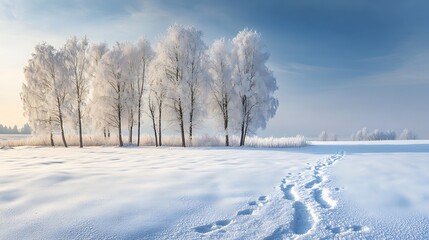 Obraz premium Frost-covered trees along a quiet countryside road; footprints in the snow lead into a dense, snowy forest under an overcast winter sky, evoking a sense of solitude 