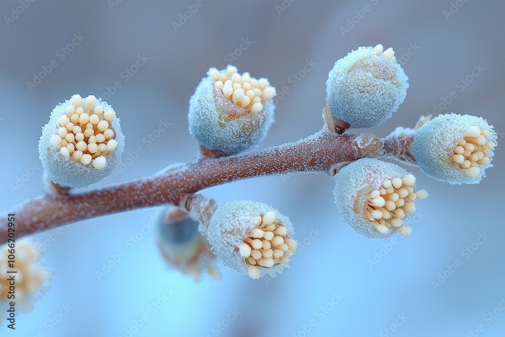 Poster close-up of frost-covered buds on a branch