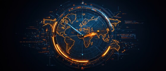 Futuristic globe with digital lines and glowing elements, dark background