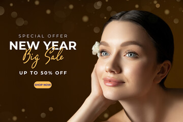 Design for big discounts for the new year, with a beautiful girl.