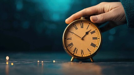 Hand adjusting a vintage clock on a table with a soft focus background.